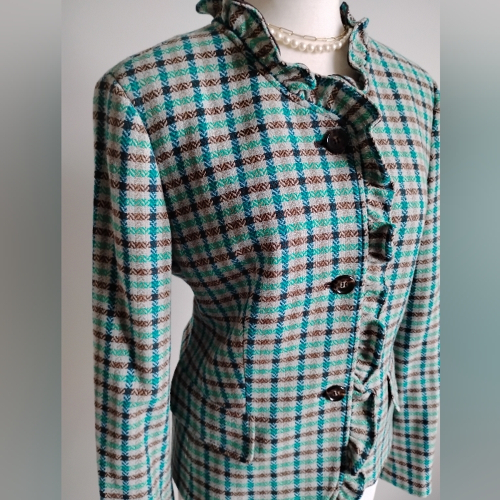 Talbots 100% Wool Ruffle Plaid Jacket Blazer Turquoise Blue Brown Classic Sz 12 - Picture 4 of 16